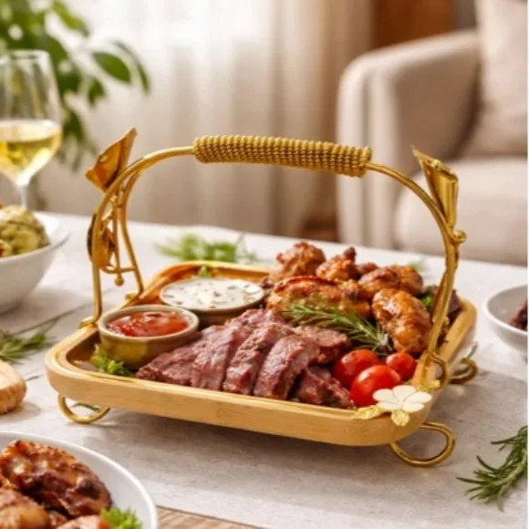 Bamboo Serving Tray with Handle and Decorative Flower