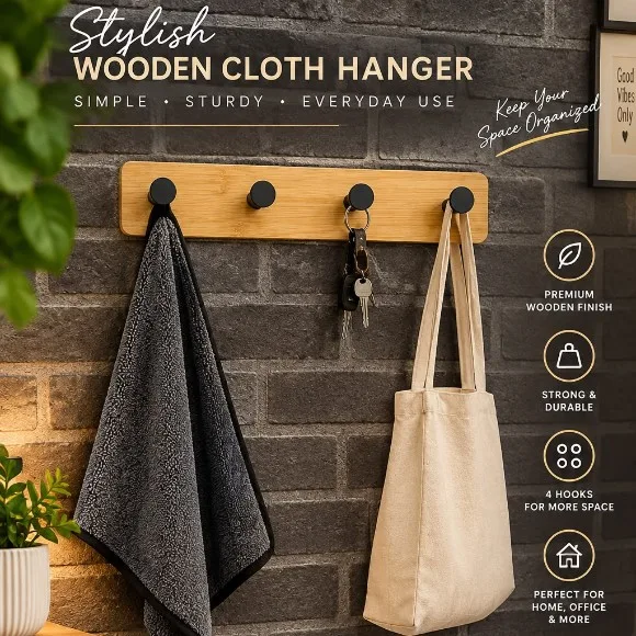 Bamboo & Wood Hooks Creative Towel Hooks Wooden Tie Scarf Rack Hooks Storage Rack Clothes and Hat Hanger
