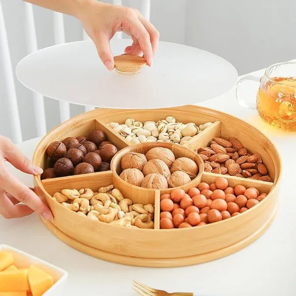 Bamboo Wood Round 6-Compartment Dry Fruit Tray