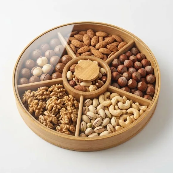 Bamboo Wood Round 6-Compartment Dry Fruit Tray