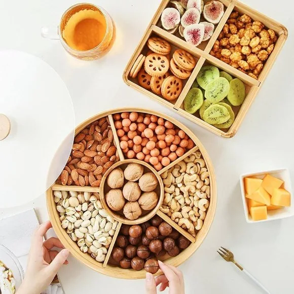 Bamboo Wood Round 6-Compartment Dry Fruit Tray