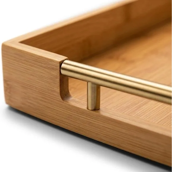 Bamboo Wooden Serving Tray with Gold Stainless Handles Set of 3 