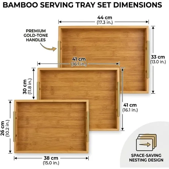 Bamboo Wooden Serving Tray with Gold Stainless Handles Set of 3 
