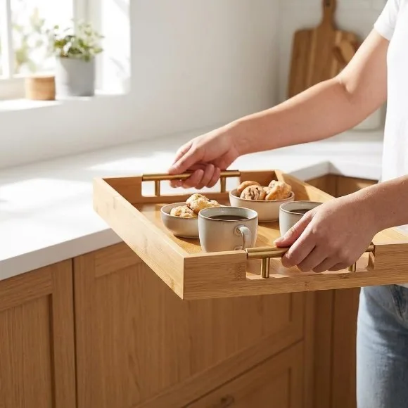 Bamboo Wooden Serving Tray with Gold Stainless Handles Set of 3 