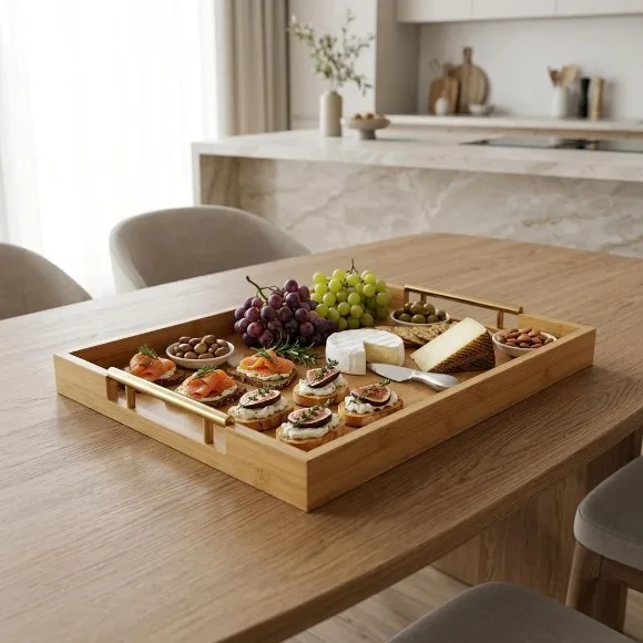 Bamboo Wooden Serving Tray with Gold Stainless Handles Set of 3 