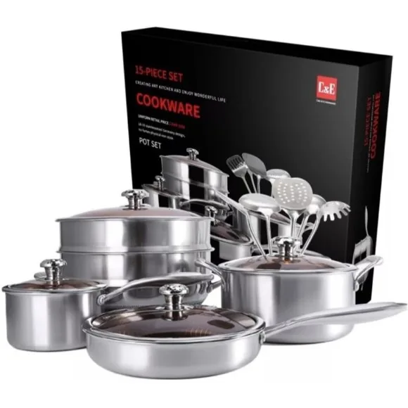 C&E Kitchenware Honeycomb Laser Coated Stainless Steel Cookware Set 15 - Piece