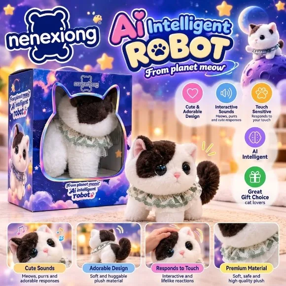 AI Smart Educational Robot Cat LCD Screen Multi-Language Voice Chat App Controlled Kids Interactive Plush Toy