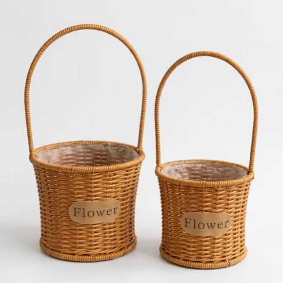 Cylindrical Cane Flower Basket With Handle