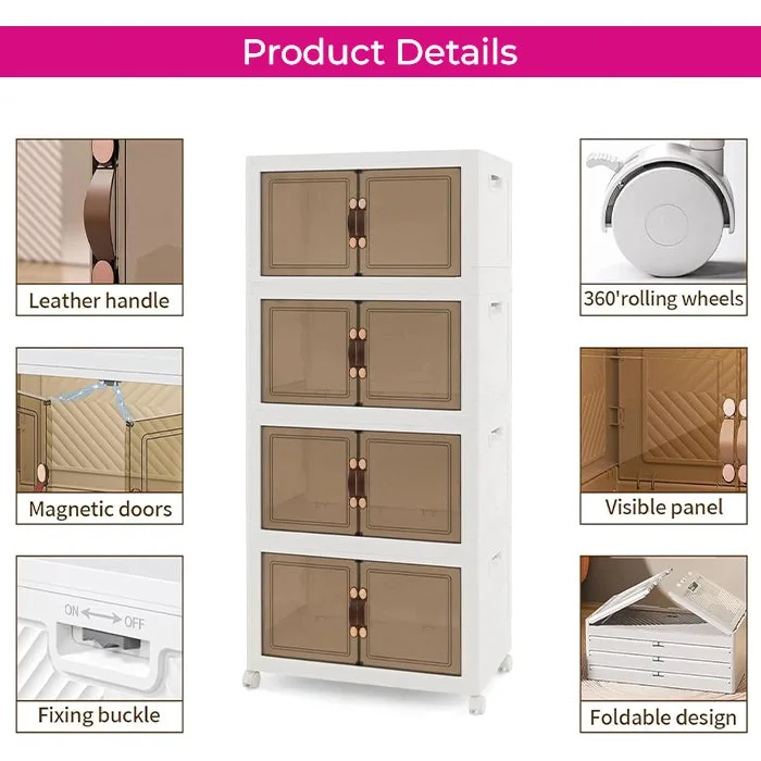 Stackable Collapsible Storage Drawer Magnetic Doors Lockable Wheels Organizer for Closet Bedroom Office 4 Layer
