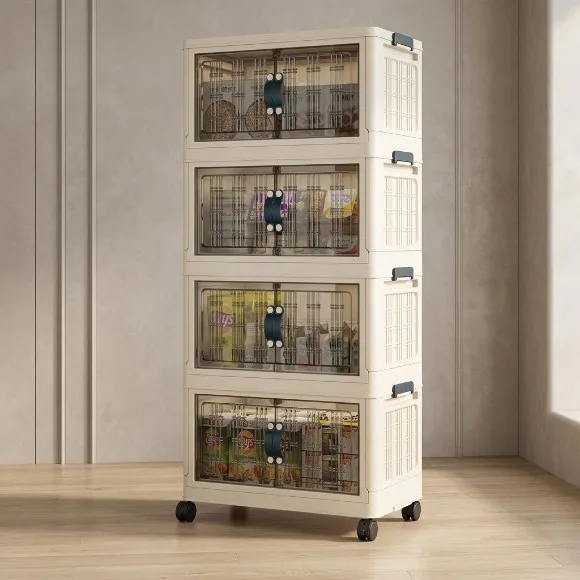 Stackable Collapsible Storage Drawer Magnetic Doors Lockable Wheels Organizer for Closet Bedroom Office 4 Layer