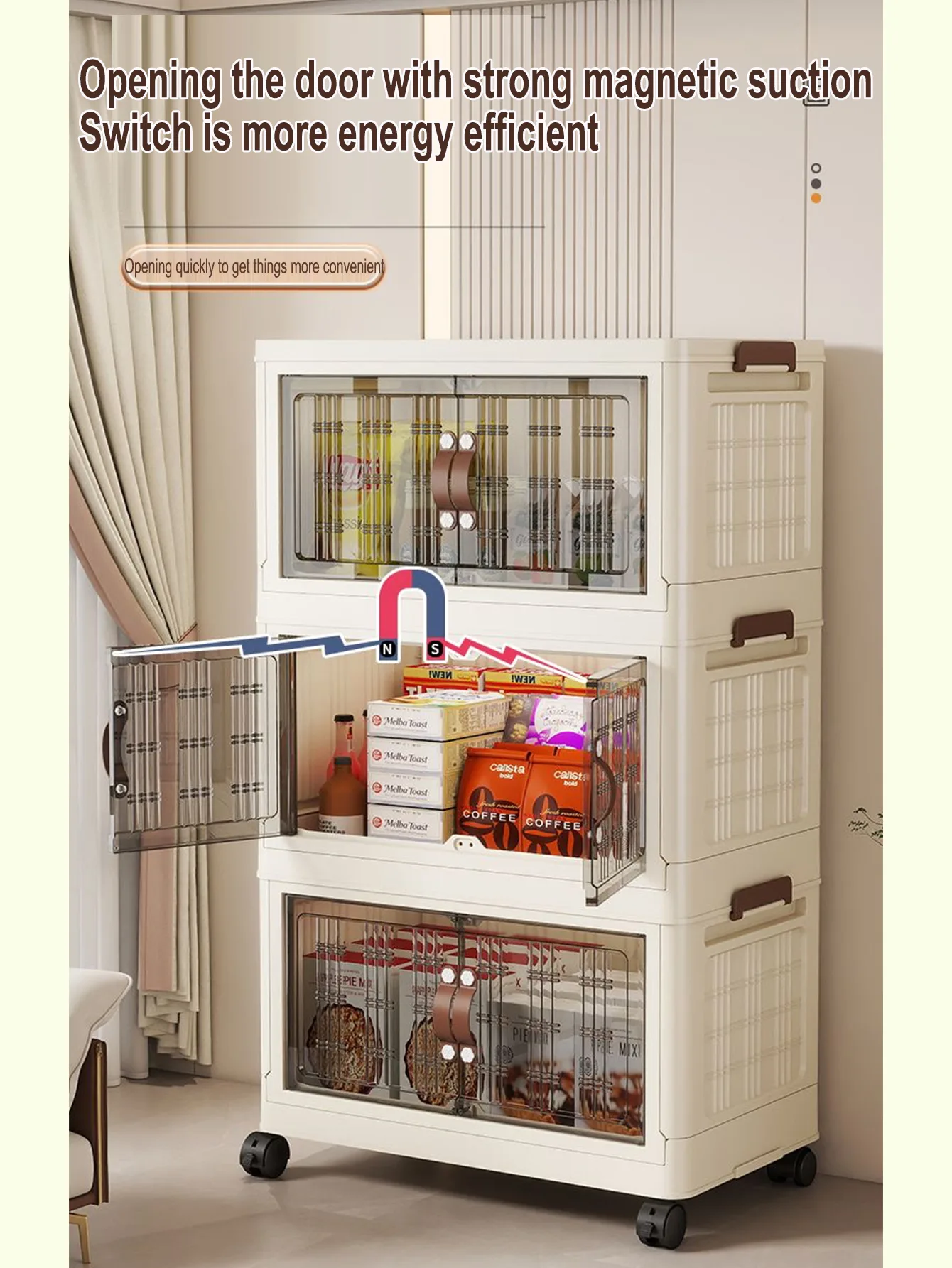 Stackable Collapsible Storage Drawer Magnetic Doors Lockable Wheels Organizer for Closet Bedroom Office 4 Layer