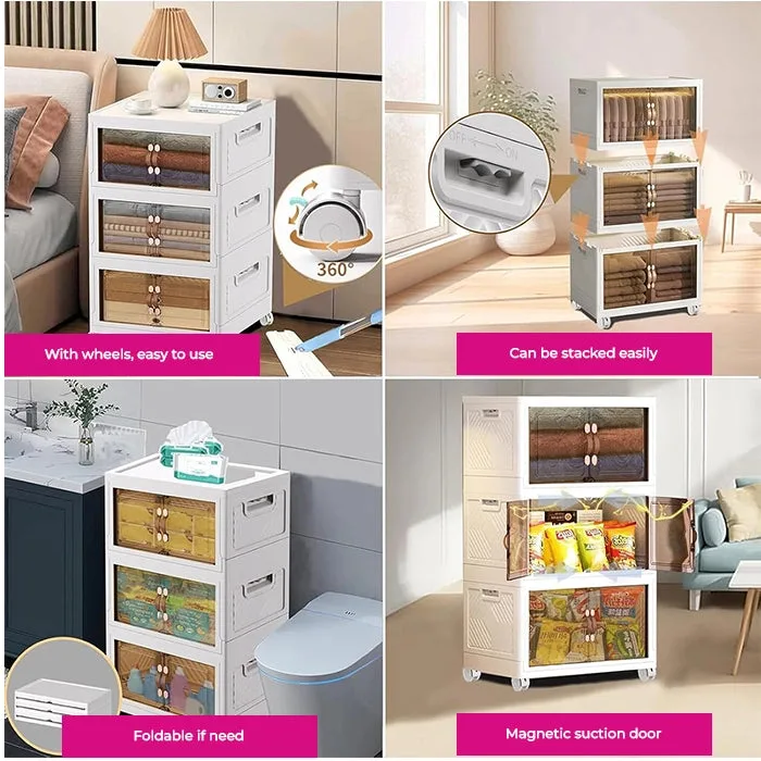 Stackable Collapsible Storage Drawer Magnetic Doors Lockable Wheels Organizer for Closet Bedroom Office 4 Layer