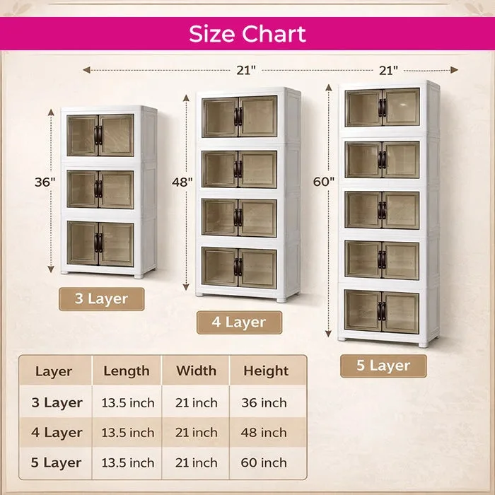 Stackable Collapsible Storage Drawer Magnetic Doors Lockable Wheels Organizer for Closet Bedroom Office 4 Layer