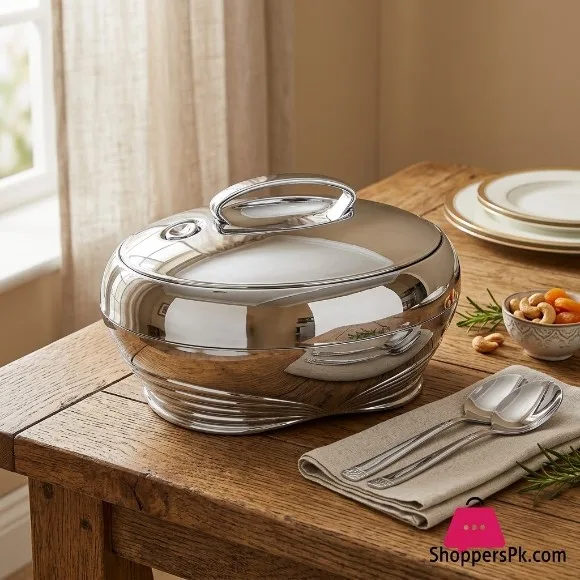 Golden Fire Luxury Oval Insulated Thermal Serving Hotpot / Casserole – All-Silver Chrome Finish 5.0 Liter (Made in Taiwan) 175S/S 