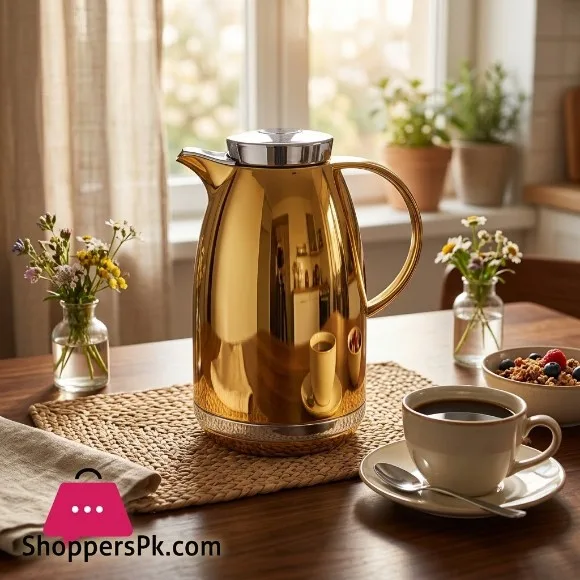 Golden Fire Luxury 1.0-Liter Insulated Thermal Beverage Carafe / Vacuum Flask – Polished Mirror Gold & Silver Accents (Made in Taiwan) 1110G/S