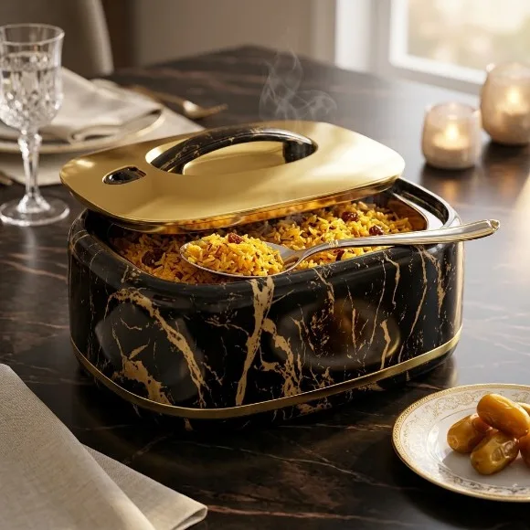 Golden Fire Luxury 5.5-Liter Rectangular Insulated Hotpot / Casserole – Black Marble & Gold Finish (Made in Taiwan) 775ZG/G