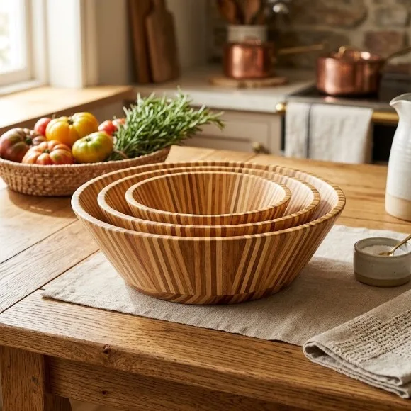 Handcrafted Striped Bamboo Conical Serving Bowl