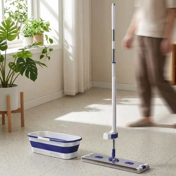 Hands-free Squeeze Flat Mop with Silicone Fold Bucket