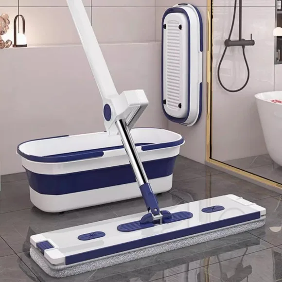 Hands-free Squeeze Flat Mop with Silicone Fold Bucket