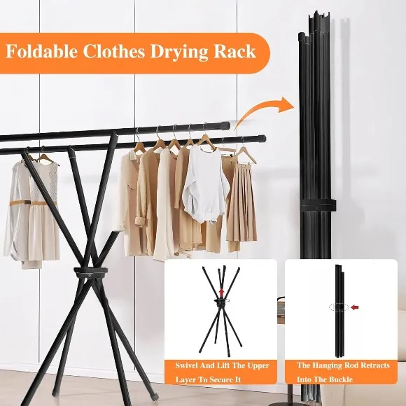 Heavy-Duty X-Shaped Folding Double Pole Clothes Drying Rack