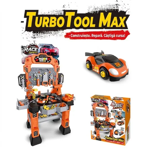Interactive Workshop with TurbooTool™ Max Electric Drill 120+ Parts, Disassembled Race Car, Lights and Sounds, Engineering