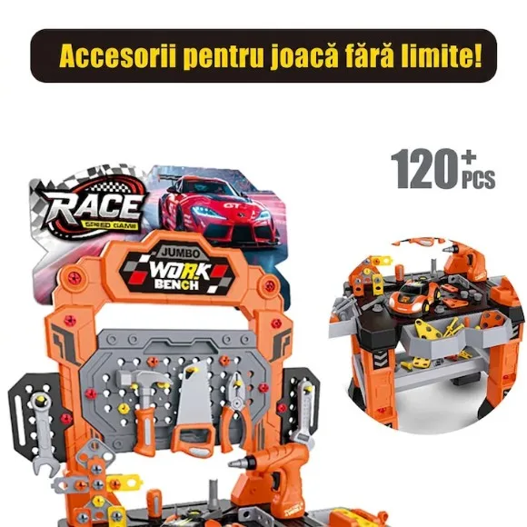 Interactive Workshop with TurbooTool™ Max Electric Drill 120+ Parts, Disassembled Race Car, Lights and Sounds, Engineering