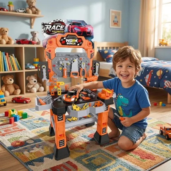 Interactive Workshop with TurbooTool™ Max Electric Drill 120+ Parts, Disassembled Race Car, Lights and Sounds, Engineering