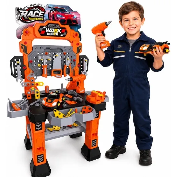 Interactive Workshop with TurbooTool™ Max Electric Drill 120+ Parts, Disassembled Race Car, Lights and Sounds, Engineering