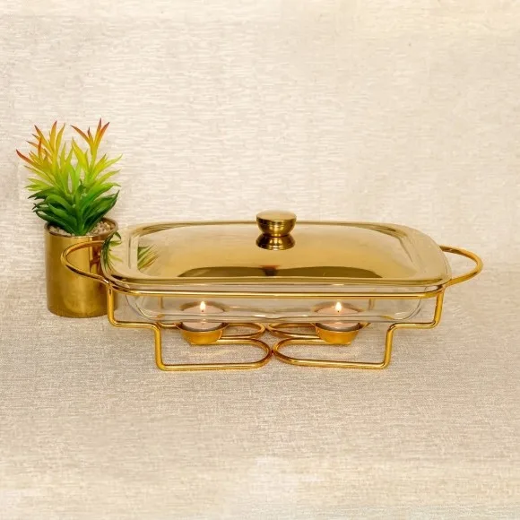 Luxury 1.5L Rectangular Glass Chafing Dish with Silver & Gold-Plated Stand Polished Lid & Tealight Candle Warmers