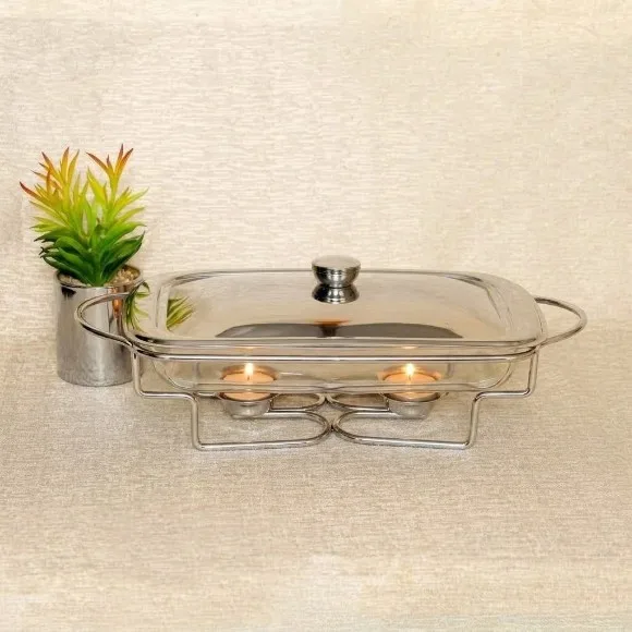 Luxury 3.0L Rectangular Glass Chafing Dish with Silver Gold-Plated Stand, Polished Lid & Tealight Candle Warmers