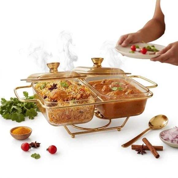Luxury 2x1.3L Double Section Glass Chafing Dish with Amber Tint Lids, Gold Stand & Dual Candle Warmers