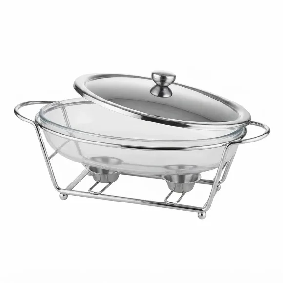 Luxury 3.0L Oval Glass Chafing Dish with Polished Silver & Gold Stand Lid & Dual Tealight Warmers