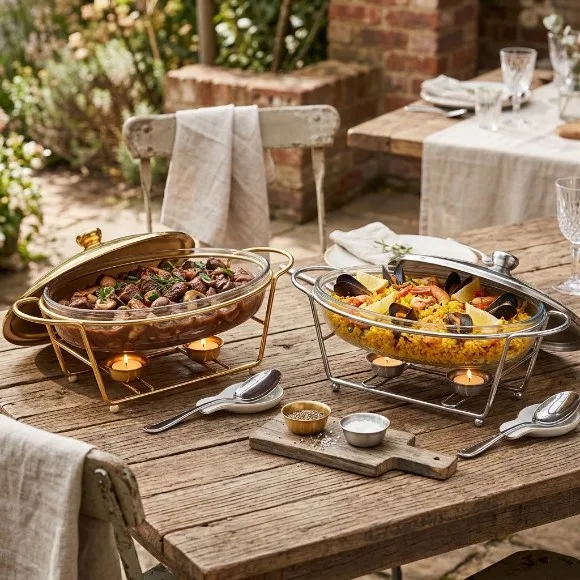 Luxury 3.0L Oval Glass Chafing Dish with Polished Silver & Gold Stand Lid & Dual Tealight Warmers