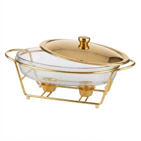 Luxury 3.0L Oval Glass Chafing Dish with Polished Silver & Gold Stand Lid & Dual Tealight Warmers