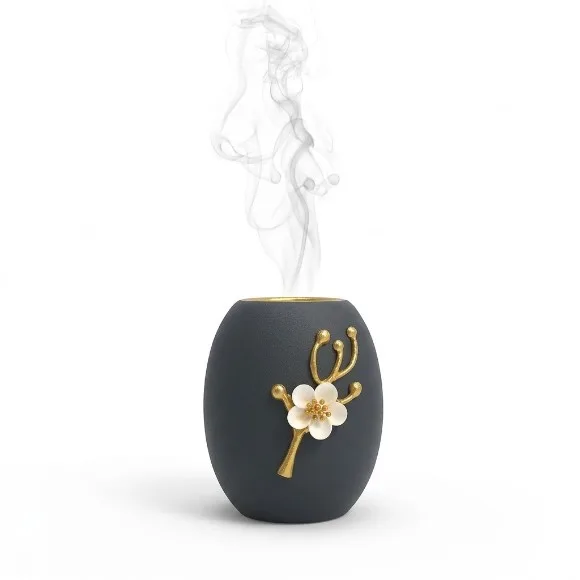 Luxury Incense Burner - Black & Gold Floral Design