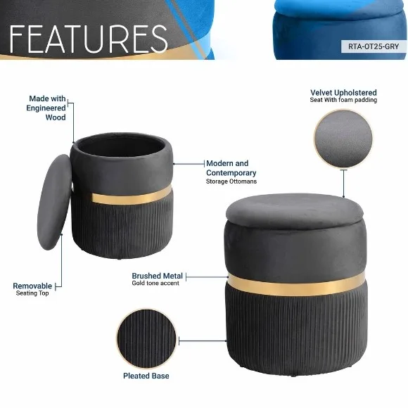 Modern Velvet Round Ottoman with Storage Easy To Assemble