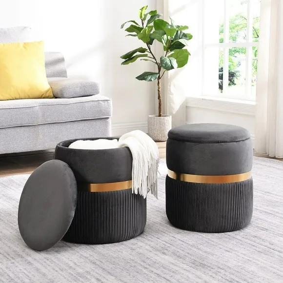 Modern Velvet Round Ottoman with Storage Easy To Assemble