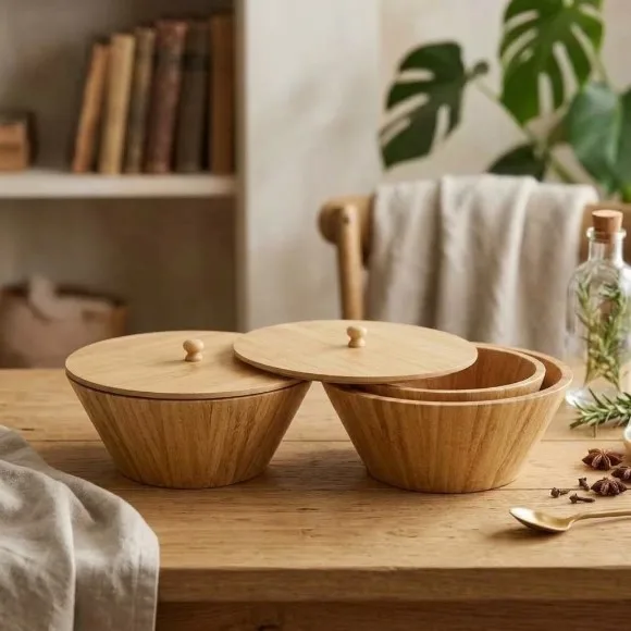 Natural Bamboo Serving & Storage Bowls with Lids