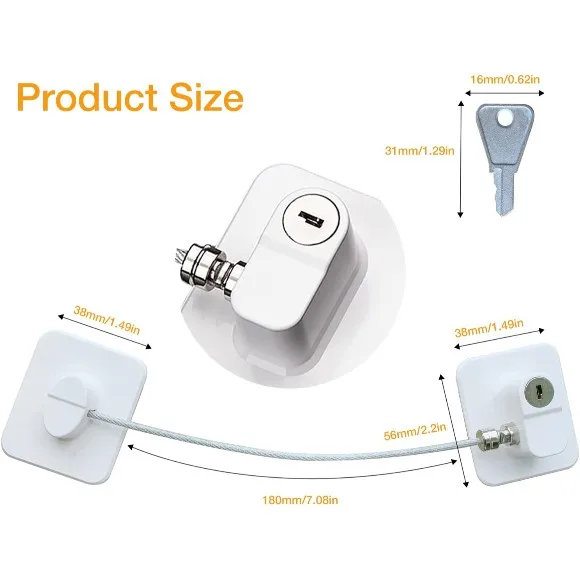 No-Drill Refrigerator Lock with Key – Heavy-Duty Child & Pet Safety Cable Restrictor for Fridge, Cabinets & Windows