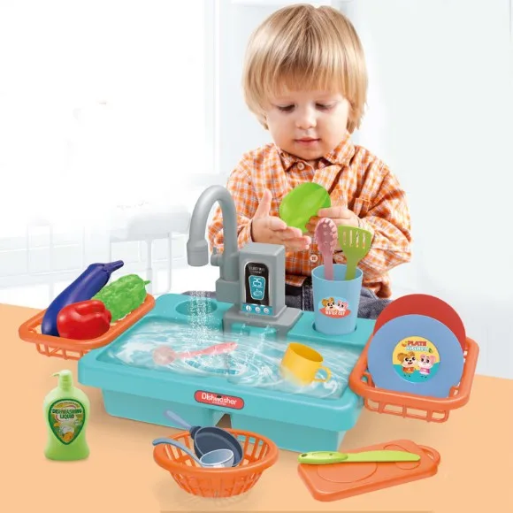 Play Sink for Kids Kitchen Pretend Play Dishwasher Toy Automatic Running Water