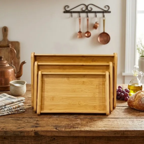 Premium 3-Piece Bamboo Serving Tray Set with Handles