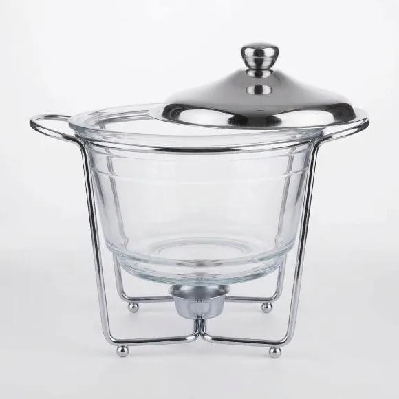 Round Glass Chafing Soup & Fondue Dish with Polished Chrome Stand Stainless Steel Lid & Tealight Warmer 4.0 Liter