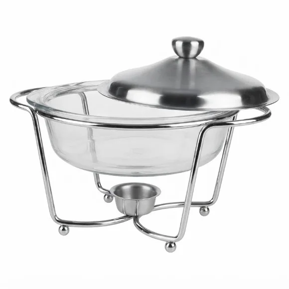 Round Glass Chafing Soup & Fondue Dish with Polished Chrome Stand Stainless Steel Lid & Tealight Warmer 2.0 Liter