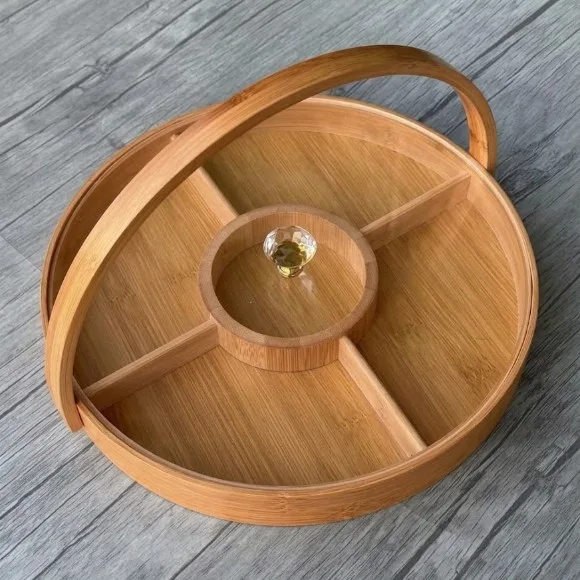 Bamboo Wood Round 5-Compartment Dry Fruit Tray with Handle 30cm