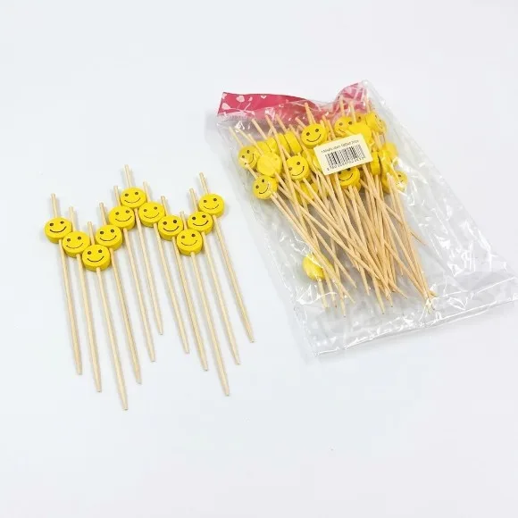 Smiley Shape Bamboo Cocktail Picks Food Sticks Toothpicks Fruit 12 Pieces