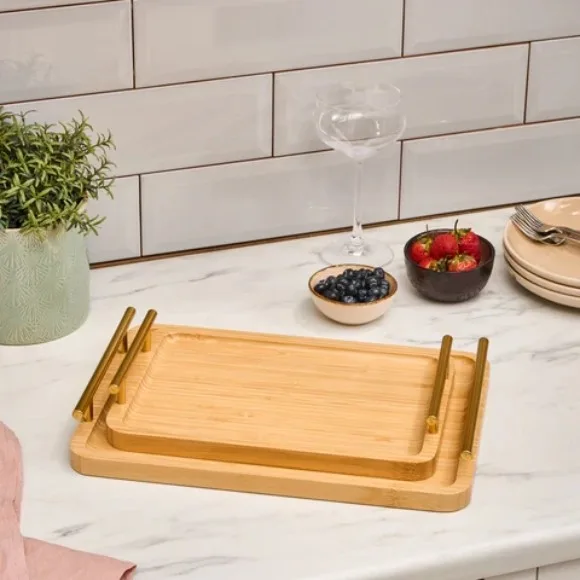 Bamboo Oblong Tray Natural Gold Handles