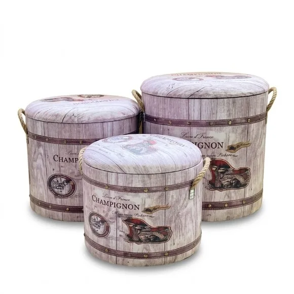 Vintage Retro Padded Ottoman Barrel Storage Seat Stool Foot Rest with Removable Lid and Rope Handles Storage Box + Stool 3Pcs Set