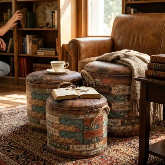 Vintage Retro Padded Ottoman Barrel Storage Seat Stool Foot Rest with Removable Lid and Rope Handles Storage Box + Stool 3Pcs Set