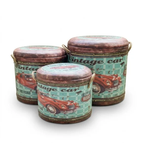 Vintage Retro Padded Ottoman Barrel Storage Seat Stool Foot Rest with Removable Lid and Rope Handles Storage Box + Stool 3Pcs Set