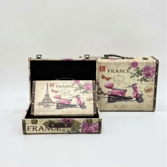 Vintage Suitcase Set of 3, Decorative Leather Trunk with Handles & Latch, Retro Nesting Storage Boxe